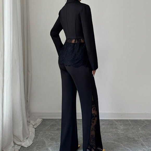 Black Casual Women's Single-Breasted Lace Patchwork Blazer & Pants Suit Set - Picture 2 of 8
